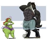  anthro bulge canid canine canis duo female goblin humanoid larger_male male mammal muscular muscular_male redfred scar short_stack size_difference smaller_female thick_thighs wolf 