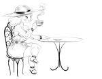  animal_crossing anthro beverage canid canine canis chair clothed clothing coffee domestic_dog dress female furniture hat headgear headwear isabelle_(animal_crossing) mammal monochrome nintendo panthera_cantus sitting smile solo table video_games 