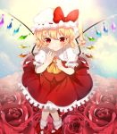  1girl absurdres ankle_socks arms_up blonde_hair blue_sky blurry blush cloud commentary_request cravat depth_of_field english_commentary eyebrows_visible_through_hair flandre_scarlet floral_background flower foreshortening hand_on_own_chin hat hat_ribbon highres hyaku_paasento knees_together_feet_apart looking_at_viewer mary_janes mixed-language_commentary mob_cap one_side_up petticoat puffy_short_sleeves puffy_sleeves red_eyes red_flower red_footwear red_rose red_skirt red_vest ribbon rose shirt shoes short_hair short_sleeves sitting skirt sky smile solo touhou vest white_headwear white_legwear white_shirt wings yellow_neckwear 
