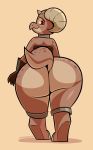  absurd_res anthro big_butt brown_body brown_scales butt clothing female gloves handwear hi_res horn kobold looking_back mythabyss piko rear_view red_eyes scales solo 