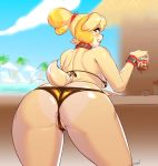  animal_crossing anthro beach beverage big_butt bikini bikini_thong blush breasts butt canid canine canis clothing collar domestic_dog dsan isabelle_(animal_crossing) looking_back mammal nintendo seaside swimwear tailwag video_games 