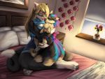  ambiguous_gender anthro bed blonde_hair breasts canid canine claws cleavage clothed clothing cuddling duo eyewear female feral flower fluffy fluffy_tail fur furniture glasses hair mammal multicolored_body multicolored_fur pillow plant ruolina 