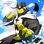  1:1 5_fingers ambiguous_gender anthro arm_tuft blue_sky claws clenched_teeth cloud fighting_pose fingers fist fur fur_tuft grey_body grey_fur legendary_pok&eacute;mon looking_at_viewer markings multicolored_body multicolored_fur muzzle_(marking) nintendo pok&eacute;mon pok&eacute;mon_(species) pose pseudo_clothing rapid_strike_style_urshifu rossciaco sky solo teeth tuft urshifu video_games water white_body white_fur yellow_claws 