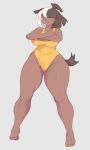  anthro audunor big_breasts breasts canid canine canis cleavage clothed clothing crossed_arms domestic_dog grey_background hi_res mammal one-piece_swimsuit simple_background swimwear wide_hips 