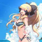  1girl amana_(pocketkey) bangs bikini black_bow blonde_hair blue_eyes blush bow breasts elf eyebrows_visible_through_hair flower hair_bow hair_flower hair_ornament highres large_breasts long_hair looking_at_viewer open_mouth pointy_ears ponytail princess_connect! princess_connect!_re:dive saren_(princess_connect!) smile solo swimsuit 