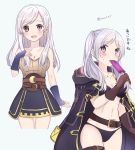  1girl :d alternate_hairstyle asymmetrical_bangs bangs bare_legs belt bikini black_bikini black_skirt blue_background blush breasts brown_gloves brown_shirt cleavage cloak commentary cowboy_shot eating eyebrows_visible_through_hair fire_emblem fire_emblem_awakening fire_emblem_heroes food gloves hair_down hand_on_own_chest highres holding holding_food jewelry long_hair looking_at_viewer medium_breasts midriff multiple_views navel necklace off-shoulder_shirt off_shoulder on_shoulder open_mouth parted_bangs popsicle puni_y_y purple_cloak red_eyes ribbed_shirt robin_(fire_emblem) robin_(fire_emblem)_(female) shirt silver_hair simple_background skirt smile straight_hair sweatdrop swimsuit thigh_strap thighs translated twintails twitter_username 