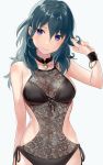  1girl adapted_costume alternate_costume bikini black_bikini black_choker black_swimsuit blue_background blue_hair blush bracelet breasts byleth_(fire_emblem) byleth_(fire_emblem)_(female) choker closed_mouth commentary covered_navel cowboy_shot eyebrows_visible_through_hair fire_emblem fire_emblem:_three_houses hair_between_eyes haru_(nakajou-28) head_tilt highres holding holding_hair jewelry long_hair looking_at_viewer medallion medium_breasts purple_eyes side-tie_bikini simple_background smile solo swimsuit wristband 
