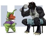  anthro breasts canid canine canis dumbbell duo exercise female goblin humanoid larger_male male mammal muscular muscular_male redfred short_stack size_difference smaller_female thick_thighs weightlifting weights wolf workout 