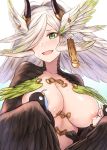  3girls amira_(shingeki_no_bahamut) areolae bird_costume breast_feeding breasts cai_geng collarbone elil_(granblue_fantasy) fangs gradient gradient_background gradient_hair granblue_fantasy green_eyes green_hair hair_over_one_eye head_wings horns lactation large_breasts lyria_(granblue_fantasy) monster_girl multicolored_hair multiple_girls white_hair wing_ornament wings 