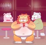  2020 anthro asian_clothing belly blush bodily_fluids clothing east_asian_clothing eyes_closed eyewear felid fundoshi gatoggy glasses group inside japanese_clothing kemono lion male mammal navel overweight overweight_male pantherine shirt sitting sweat topwear underwear ursid 