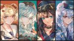  4girls animal_ears aqua_eyes arknights bangs bear_ears blonde_hair blue_eyes blue_hair blue_headwear blue_neckwear braid choker commentary expressionless green_eyes grey_hair gummy_(arknights) hair_between_eyes hair_ornament hat heterochromia istina_(arknights) jacket monocle multicolored multicolored_background multicolored_hair multiple_girls necktie peaked_cap qie red_eyes rosa_(arknights) sailor_collar sailor_shirt school_uniform serafuku shirt silver_hair single_braid white_jacket white_sailor_collar zima_(arknights) 