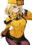  1girl ashiomi_masato blonde_hair blue_eyes brown_legwear commentary_request dress eyes_visible_through_hair fingerless_gloves fur_hat gloves guilty_gear guilty_gear_xrd hand_to_head hat millia_rage pantyhose short_dress short_hair smile solo ushanka yellow_dress yellow_headwear 