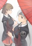  2girls bangs black_legwear breasts brown_hair chitose_(kantai_collection) chiyoda_(kantai_collection) closed_mouth grey_background grey_eyes hair_ribbon headband highres holding holding_umbrella japanese_clothes kantai_collection long_hair long_sleeves multiple_girls oriental_umbrella raincoat ribbon short_hair silver_hair simple_background taruya thighhighs umbrella 