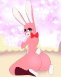  &lt;3 2019 ambiguous_gender anthro big_butt blue_eyes bow buckteeth butt cake dr._chaos eyeshadow flat_colors food frosting fur hi_res lagomorph leporid licking looking_at_viewer looking_back makeup male mammal nude open_mouth pink_body pink_fur rabbit solo teeth tongue tongue_out 