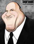  1boy artist_name black_hair black_jacket black_neckwear blush brown_eyes caricature caucasian character_name chin copyright_name dated double_chin english_commentary face facial_hair forehead formal gangster grin jacket james_gandolfini looking_at_viewer mafia male_focus middle_finger naver_username necktie nose shirt shirt_under_jacket smile solo stubble suit suit_jacket teeth the_sopranos yanggoon 