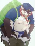  2020 anthro asian_clothing backpack belly brown_body brown_fur bulge canid canine canis clothed clothing domestic_dog dumdum east_asian_clothing fundoshi fur hat headgear headwear hi_res humanoid_hands japanese_clothing kemono male mammal moobs moritaka navel nipples open_shirt overweight overweight_male scar shirt simple_background solo tokyo_afterschool_summoners topwear underwear undressing video_games white_background 