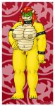  4_toes 5_fingers anthro barefoot big_breasts border bowser breasts claws crossgender fangs female fingers genitals hair hi_res horn koopa mario_bros musclegut navel nintendo nipples nude pubes pussy red_eyes red_hair scalie shell simple_background smile smirk toe_claws toes video_games vjmorales white_border 