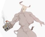  anthro areola audunor barely_visible_genitalia barely_visible_pussy big_breasts bone bovid bovine breasts female genitals mammal muscular muscular_female nipples nude pussy simple_background skull solo weapon white_background 