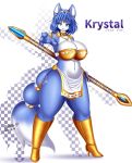  anthro aozora_(tasogare_aozora) blue_body blue_ears blue_hair blue_tail breasts canid canine clothing dated female footwear fox full-length_portrait gem hair holding_object holding_staff krystal krystal&#039;s_staff loincloth looking_at_viewer mammal multicolored_body multicolored_clothing multicolored_tail nintendo nipple_outline portrait solo staff standing star_fox video_games white_clothing 