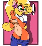  activision anthro bandicoot breasts clothed clothing coco_bandicoot crash_bandicoot_(series) darkwolfhybrid female flower genitals hi_res looking_down mammal marsupial midriff navel pants_down partially_clothed plant pussy solo undressing video_games 