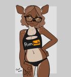  2019 5_fingers absurd_res anthro ashley_(sockrateesy) black_nose breasts brown_body brown_eyes brown_fur brown_hair cervid clothing english_text eyewear female fingers fur gesture glasses hair hand_on_hip hi_res mammal navel ok_sign pornhub portrait sockrateesy solo spots spotted_body spotted_fur standing tan_body tan_fur text the_circle_game three-quarter_portrait underwear 