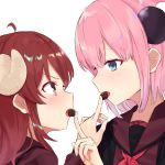  2girls ahoge blush brown_hair chiyoda_momo chocolate curled_horns daifuku_(tkja3555) demon_girl demon_horns eyebrows_visible_through_hair hair_ornament highres horns long_hair machikado_mazoku multiple_girls open_mouth pink_hair shared_food shiny shiny_hair short_hair yoshida_yuuko_(machikado_mazoku) yuri 