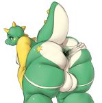  2020 anthro anus balls big_balls big_butt bub_(bubble_bobble) bubble_bobble bubble_dragon butt cheek_spots dragon facial_markings genitals green_body green_eyes green_nipples green_scales head_markings hi_res looking_at_viewer male markings nipples overweight overweight_male presenting presenting_anus presenting_hindquarters scales scalie solo spikes spread_anus spread_butt spreading star_(marking) thick_thighs vondran white_body white_scales yellow_body yellow_scales 