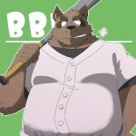  1:1 2020 anthro baseball_(sport) baseball_bat bat_(object) brown_body brown_fur canid canine fur green_background green_bell humanoid_hands inakamichi kemono male mammal overweight overweight_male raccoon_dog simple_background solo sport tanuki 