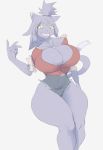  anthro audunor big_breasts breasts camel_toe cleavage clothed clothing felid feline female mammal purple_body simple_background solo thick_thighs white_background wide_hips yellow_sclera 