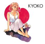  1990s_(style) 1girl all_purpose_cultural_cat_girl_nuku_nuku barefoot beer_can brown_eyes can character_name earrings full_body highres jewelry kyouko_(all_purpose_cultural_cat_girl_nuku_nuku) official_art pink_hair scan short_hair sitting sitting_on_lap sitting_on_person skirt solo takada_yuuzou traditional_media watercolor_(medium) 
