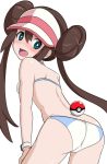  1girl ass bikini blue_eyes blush brown_hair commentary double_bun embarrassed from_behind hair_between_eyes kayama_kenji long_hair looking_at_viewer looking_back mei_(pokemon) nose_blush open_mouth poke_ball pokemon pokemon_(game) pokemon_bw2 sidelocks simple_background solo swimsuit trefoil twintails very_long_hair visor_cap watch white_background wristwatch 