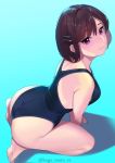  1girl absurdres all_fours ass back bangs bare_shoulders blue_background blue_swimsuit blush breasts brown_hair closed_mouth hair_ornament hairclip highleg highleg_swimsuit highres kagematsuri kneeling large_breasts leaning_forward looking_at_viewer one-piece_swimsuit original purple_eyes simple_background smile swimsuit thighs 