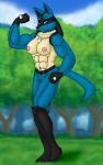  abs anthro barefoot biceps female flexing forest lucario muscular muscular_anthro muscular_female nintendo nipples nude pok&eacute;mon pok&eacute;mon_(species) smile solo tree video_games vjmorales 