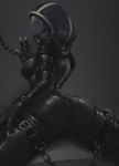  2020 3_fingers 3_toes alien alien_humanoid bound breasts butt butt_zipper chain clothing digital_media_(artwork) female fingers hi_res humanoid impracticalart looking_back mask mass_effect nipples not_furry quarian rear_view simple_background solo tali&#039;zorah tight_clothing toes video_games zipper 