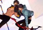  2boys abs ahoge arash_(fate) bangs black_hair black_shirt bow_(weapon) brown_hair couple dark_skin dark_skinned_male earrings fate/grand_order fate/prototype fate/prototype:_fragments_of_blue_and_silver fate_(series) fingers_together gold_necklace holding_hand holding_hands interlocked_fingers jacket jewelry looking_at_viewer male_focus multiple_boys nipples open_clothes open_jacket open_mouth ozymandias_(fate) pants pectorals pvc_parfait revealing_clothes shirt simple_background smile staff weapon yaoi yellow_eyes 