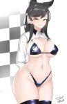  1girl animal_ears arms_behind_back atago_(azur_lane) atago_(stunning_speedster)_(azur_lane) azur_lane bikini black_bikini black_hair black_legwear breasts brown_eyes checkered checkered_background cleavage commentary_request daroon5 extra_ears gradient gradient_background highleg highleg_bikini highres korean_commentary large_breasts logo long_hair looking_at_viewer mixed-language_commentary mole mole_under_eye race_queen ribbon shrug_(clothing) solo swimsuit thighhighs two-tone_bikini white_background white_ribbon wide_hips 