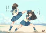  2girls bangs black_hair blue_legwear blue_sailor_collar blue_skirt blunt_bangs brown_eyes brown_hair commentary_request crab dodging hatsuyuki_(kantai_collection) highres hime_cut kantai_collection kicking long_hair miyuki_(kantai_collection) multiple_girls pleated_skirt sailor_collar school_uniform serafuku short_hair short_sleeves skirt socks toplow translation_request white_footwear 