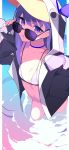  1girl absurdres animal_costume animal_hood bangs bikini blue_choker blush breasts choker eyebrows_visible_through_hair fate/grand_order fate_(series) highres hood kania long_hair looking_at_viewer meltryllis meltryllis_(swimsuit_lancer)_(fate) partially_submerged penguin_costume penguin_hood purple_eyes purple_hair small_breasts solo sunglasses swimsuit water white_bikini 