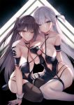  2girls azur_lane black_gloves black_hair black_legwear blue_eyes blush breast_press breasts brown_eyes closed_mouth collarbone commentary_request eyebrows_visible_through_hair gloves hand_on_another&#039;s_shoulder hinot kneeling large_breasts long_hair looking_at_viewer multiple_girls navel race_queen shoukaku_(azur_lane) side_ponytail thighhighs white_hair white_legwear zuikaku_(azur_lane) 