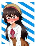 1girl alternate_hair_length alternate_hairstyle bangs beret blue_background blush brown_headwear brown_skirt casual collared_shirt commentary diagonal_stripes eyebrows_visible_through_hair girls_und_panzer hat high-waist_skirt highres isobe_noriko leaning_forward long_hair long_sleeves looking_at_viewer neck_ribbon open_mouth red_neckwear ribbon shirt silhouette skirt solo standing striped striped_background sweatdrop tanutika white_shirt wig 