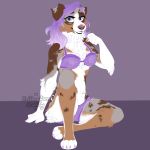  1:1 2020 absurd_res anthro australian_shepherd blvejay bra canid canine canis chest_tuft clothed clothing detailed domestic_dog embarrassed female fluffy hair herding_dog hi_res long_hair looking_at_viewer mammal neck_tuft pastoral_dog pinup pose purple_hair sheepdog shy simple_background sitting smile solo tuft underwear 