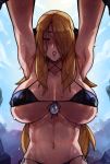  1girl armpits bikini black_bikini blonde_hair blush breasts closed_eyes commentary covered_nipples criss-cross_halter english_commentary from_below gem hair_ornament hair_over_one_eye halterneck highres huge_breasts incoming_kiss micro_bikini navel pokemon pokemon_(game) pokemon_dppt pov puckered_lips shirona_(pokemon) solo spaghetti_strap swimsuit underboob wet wet_hair yellowroom 