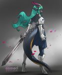  2020 5_fingers anthro aomori armor butt_pose clothed clothing digital_media_(artwork) dragon female fingers green_hair hair holding_object holding_sword holding_weapon melee_weapon pose solo standing sword weapon wingless_dragon 