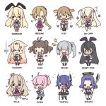  ! 6+girls :3 =3 ? ahoge akigumo_(kantai_collection) alcohol alternate_costume aoba_(kantai_collection) bacius bangs black_hair black_legwear blonde_hair blush bone bottle brown_hair bunnysuit character_name chibi dress eyepatch flower glaive glasses grey_hair grey_legwear hair_flower hair_ornament hairband hairclip hat headgear heart hiei_(kantai_collection) highres holding holding_weapon kantai_collection kasumi_(kantai_collection) kneehighs leotard light_brown_hair long_hair long_sleeves mechanical_halo microphone mini_hat mole mole_under_mouth multiple_girls musical_note naka_(kantai_collection) one-piece_swimsuit ooyodo_(kantai_collection) open_mouth pantyhose pinafore_dress pink_hair pola_(kantai_collection) ponytail purple_hair remodel_(kantai_collection) ro-500_(kantai_collection) sailor_collar school_uniform serafuku shimakaze_(kantai_collection) short_hair short_sleeves shorts side_ponytail simple_background skirt smile sparkle striped striped_legwear swimsuit swimsuit_under_clothes sword tatsuta_(kantai_collection) tenryuu_(kantai_collection) thighhighs weapon white_background yuudachi_(kantai_collection) 