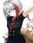  2girls admiral_graf_spee_(azur_lane) admiral_graf_spee_(maiden&#039;s_sunday)_(azur_lane) arm_support ayanami_(azur_lane) azur_lane bangs black_dress blue_eyes blush_stickers closed_mouth collared_shirt commentary_request desk double-breasted dress empty_eyes expressionless eyebrows_visible_through_hair grey_hair head_tilt hino_kagutsuki jitome multicolored_hair multiple_girls necktie red_hair red_neckwear school_desk self_shot shirt short_sleeves simple_background solo_focus streaked_hair white_background 