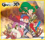  1boy 2girls album_cover artist_name blue_eyes blue_headwear brown_footwear cape closed_mouth copyright_name cover feena_(grandia) friends grandia grandia_i graphite_(medium) green_eyes green_hair hair_ornament hair_tubes highres hontani_toshiaki justin_(grandia) logo long_hair looking_up low-tied_long_hair multiple_girls official_art one_eye_closed purple_cape purple_hair red_hair red_legwear shoes smile sue_(grandia) torn_clothes torn_legwear traditional_media wall 