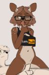  2019 5_fingers absurd_res anthro anthro_on_anthro ashley_(sockrateesy) balls black_nose blurred_background bottomless breasts brown_body brown_eyes brown_fur brown_hair canid cervid clothed clothing duo eyewear female fingers fur genitals glasses hair hi_res looking_up male male/female mammal navel nude one_eye_closed penetration penis pornhub short_hair sockrateesy spots spotted_body spotted_fur vaginal vaginal_penetration white_hair 