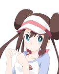  1girl aqua_eyes bangs breasts brown_hair collarbone commentary double_bun eyelashes finger_touching genbu_(user_unhx5348) hair_between_eyes light_blush long_hair looking_at_viewer mei_(pokemon) pokemon pokemon_(game) pokemon_bw2 raglan_sleeves shirt sidelocks simple_background solo twintails two-tone_headwear visor_cap white_background 