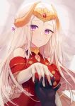  1girl aftergardens black_gloves closed_mouth dated edelgard_von_hresvelg fire_emblem fire_emblem:_three_houses gloves hair_down happy_birthday headpiece highres holding_hands horns long_hair purple_eyes smile solo_focus white_gloves white_hair 