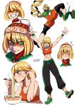  arms_(game) bangs beanie blonde_hair blunt_bangs blush blush_stickers bowl breasts chopsticks cleavage collage dragon_(arms) eating food green_eyes hair_flip hat highres kicking knit_hat medium_breasts min_min_(arms) noodles nose_blush orange_sports_bra pants ramen ryuusei_(mark_ii) shoes short_eyebrows short_hair sneakers solo sports_bra thick_eyebrows track_pants 